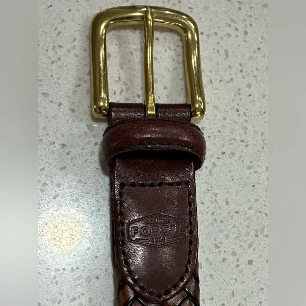 Fossil Vintage Brown Braided Leather Belt Size 34 Brass Buckle LNWT